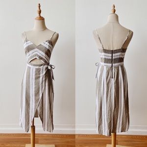 EXPRESS Cut Out Stripe Faux Wrap Cotton Midi Dress Olive White Womens 4